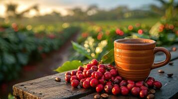 AI generated Coffee cup freshly roasted coffee farm background. photo