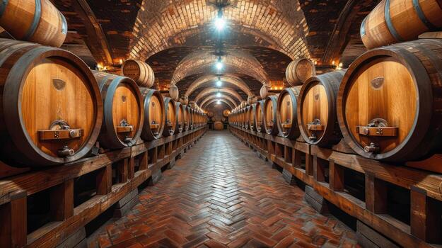AI generated Cellar with wine barrels in Italy ,copy space photo