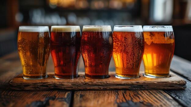 AI generated Several glasses of beer on a wooden floor Text area photo