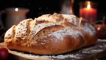 AI generated Freshly baked bread on wooden table, homemade and delicious generated by AI photo