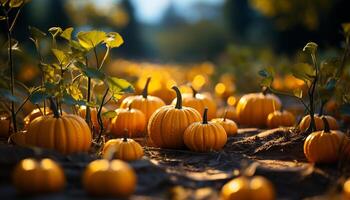 AI generated Autumn vibrant gourd lanterns illuminate spooky Halloween night generated by AI photo