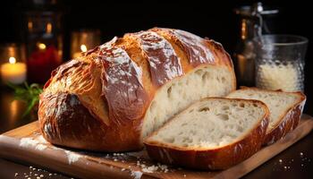 AI generated Freshly baked bread on wooden table, ready to eat gourmet meal generated by AI photo