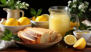 AI generated Fresh lemon slice on wooden table, refreshing homemade lemonade generated by AI photo