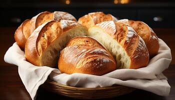 AI generated Freshly baked baguette on wooden table, a gourmet delight generated by AI photo
