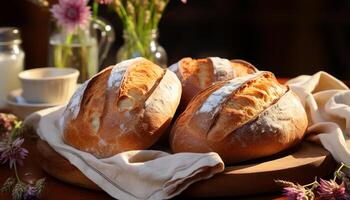 AI generated Freshly baked bread on wooden table, a gourmet delight generated by AI photo