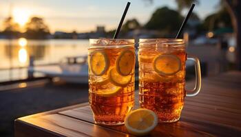 AI generated Refreshing lemonade on a wooden table, enjoying summer outdoors generated by AI photo