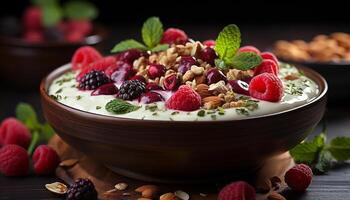 AI generated A gourmet dessert raspberry yogurt bowl with granola freshness generated by AI photo