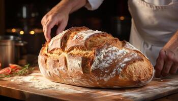 AI generated Hand cutting fresh homemade bread in rustic kitchen generated by AI photo