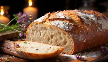 AI generated Freshly baked ciabatta loaf on rustic wooden table generated by AI photo