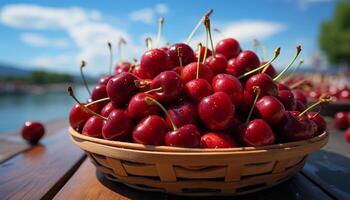 AI generated Freshness of summer ripe, juicy berry fruit on wooden table generated by AI photo