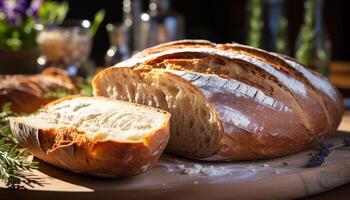 AI generated Freshly baked homemade baguette on rustic wooden table generated by AI photo