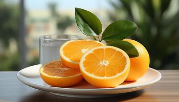 AI generated Fresh citrus fruits on wooden table, healthy and refreshing generated by AI photo