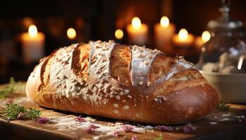 AI generated Freshly baked gourmet bread on rustic table near flickering candle generated by AI photo