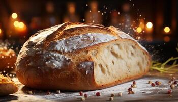 AI generated Freshly baked bread on rustic wood table, ready to eat goodness generated by AI photo