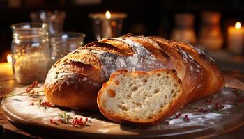 AI generated Freshly baked bread on rustic wooden table, ready to eat generated by AI photo