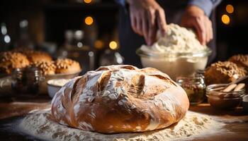 AI generated Homemade bread baking, freshness on rustic wooden table generated by AI photo