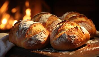 AI generated Freshly baked bread on a rustic wooden table, ready to eat generated by AI photo