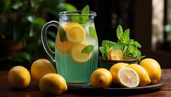 AI generated Fresh lemonade with mint leaf, ice, and citrus fruit generated by AI photo