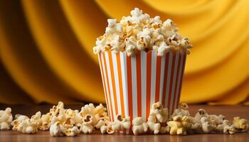 ai generado acecho un divertido película, comiendo mullido palomitas de maiz en un teatro generado por ai foto