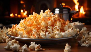 AI generated Fresh popcorn, buttered and golden, ready for movie night generated by AI photo