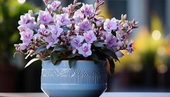 AI generated A fresh bouquet of pink and purple flowers decorates the table generated by AI photo