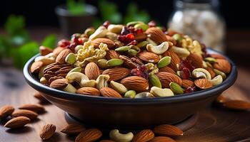 AI generated A healthy snack almond, cashew, walnut, and pecan bowl generated by AI photo