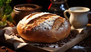 ai generado recién horneado hecho en casa un pan en rústico de madera mesa generado por ai foto