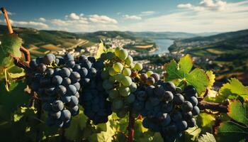 AI generated Ripe grape bunches in vineyard, nature winemaking harvest generated by AI photo