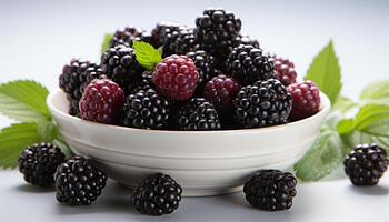 AI generated Freshness and sweetness of summer berries on a wooden table generated by AI photo