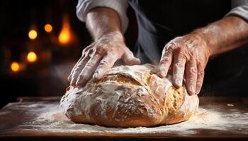 AI generated A baker hand kneading homemade dough on wooden table generated by AI photo