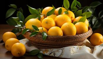 AI generated Freshness of citrus fruit, lemon, and lime on wooden table generated by AI photo