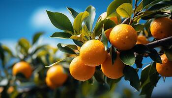 AI generated Fresh citrus fruit on tree, vibrant orange and green generated by AI photo