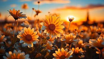 AI generated Sunset meadow, yellow daisy, vibrant sunrise, tranquil chamomile farm generated by AI photo