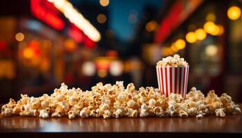 ai generado bocadillo en gastrónomo refrescos, disfrutar película teatro divertido generado por ai foto