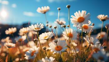 ai generado vibrante manzanilla flores pintar tranquilo prado en verano generado por ai foto