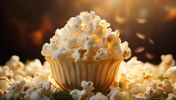 AI generated Fresh popcorn, sweet candy, indulgent caramel movie theater delight generated by AI photo