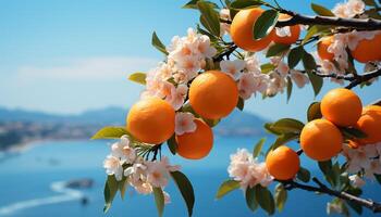 AI generated Freshness of summer vibrant citrus fruit on green tree generated by AI photo