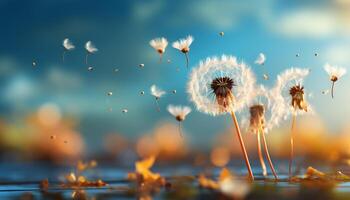 AI generated Fluffy dandelion, yellow flower, bright meadow, tranquil sunset generated by AI photo