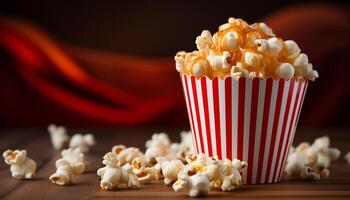 ai generado acecho un película, merienda en dulce palomitas de maiz en un teatro generado por ai foto