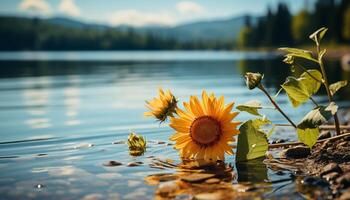 AI generated Sunflower, yellow beauty in nature, reflects on tranquil pond generated by AI photo