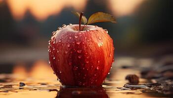 AI generated Fresh apple, wet with dew, reflects nature healthy sweetness generated by AI photo