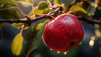AI generated Freshness and nature in a juicy, ripe apple on a branch generated by AI photo