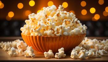 AI generated Fresh popcorn in yellow bowl, perfect movie theater snack generated by AI photo