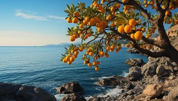 ai generado frescura de naranja Fruta en árbol por el línea costera generado por ai foto