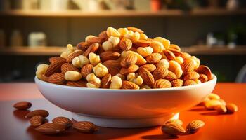 AI generated Healthy eating almond, nut, snack, nutshell, freshness, organic, nature, walnut, pecan generated by AI photo