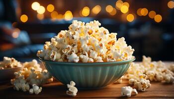 AI generated Indulgence in sweet, fluffy popcorn at movie theater generated by AI photo