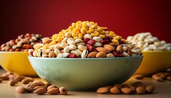 ai generado sano comiendo un cuenco de orgánico nueces y semillas generado por ai foto