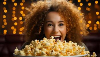 ai generado joven mujer disfrutando comida y película, sonriente y riendo generado por ai foto