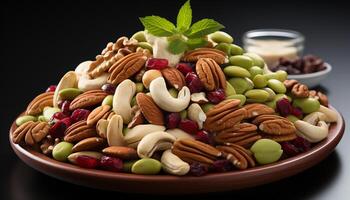 AI generated Healthy eating almond, cashew, nut, fruit, hazelnut, pecan, walnut, cranberry, chocolate generated by AI photo