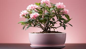 AI generated A beautiful potted plant with pink and green leaves generated by AI photo